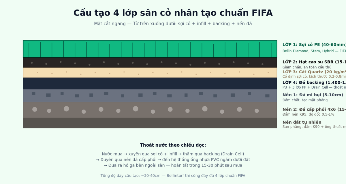 Cấu tạo 4 lớp sân bóng đá cỏ nhân tạo mặt cắt ngang - Bellinturf