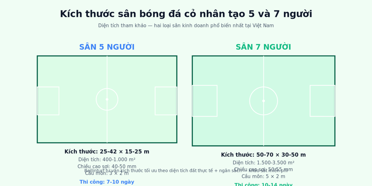 Kích thước sân bóng đá cỏ nhân tạo 5 người và 7 người tiêu chuẩn